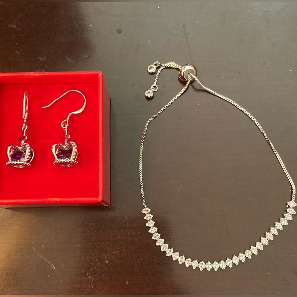 925 Silver Dangle Crown Earrings with Purple Jewels&Silver Toned CZ Bracelet - Picture 2 of 11